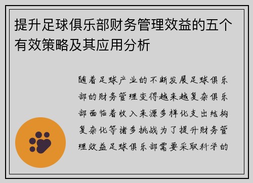提升足球俱乐部财务管理效益的五个有效策略及其应用分析 提升足球俱乐部财务管理效益的五个有效策略及其应用分析