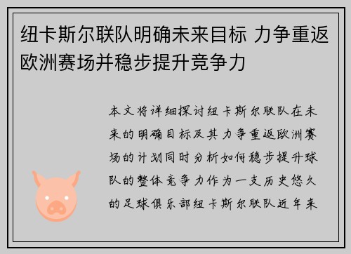 纽卡斯尔联队明确未来目标 力争重返欧洲赛场并稳步提升竞争力