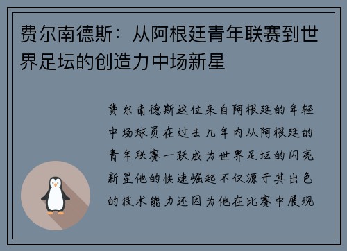 费尔南德斯：从阿根廷青年联赛到世界足坛的创造力中场新星