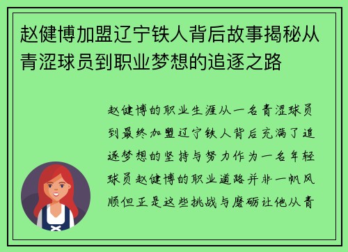 赵健博加盟辽宁铁人背后故事揭秘从青涩球员到职业梦想的追逐之路 赵健博加盟辽宁铁人背后故事揭秘从青涩球员到职业梦想的追逐之路