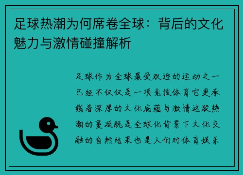 足球热潮为何席卷全球：背后的文化魅力与激情碰撞解析